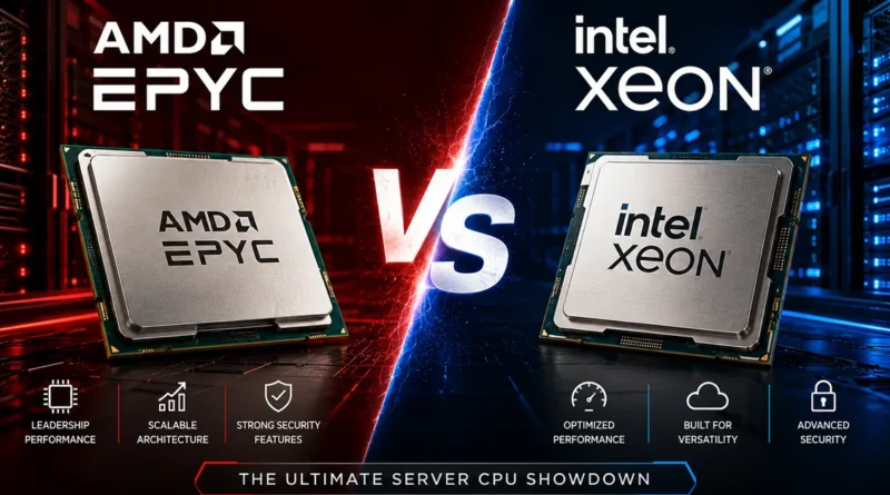 Layout comparativo de procesadores AMD EPYC e Intel Xeon, con fondo rojo y azul, destacando características clave en ambos lados.