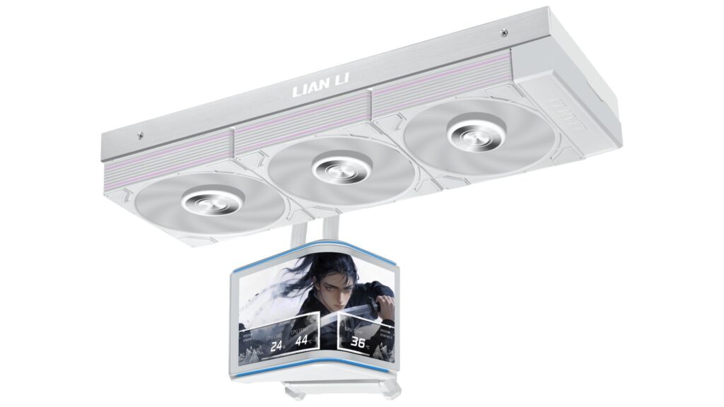 Ventilador de Lian Li con tres aspas blancas y un pantalla LCD en la parte inferior, mostrando estadísticas en un diseño elegante y moderno.