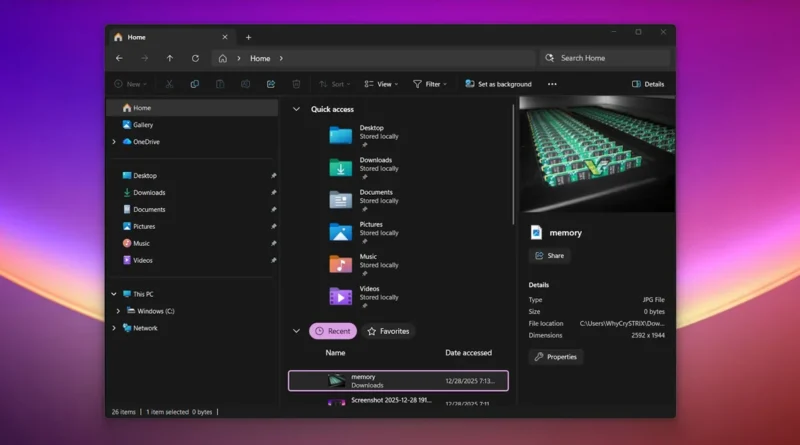 Interfaz de File Explorer en Windows, con un fondo oscuro, acceso rápido a carpetas y una vista de archivo resaltada en verde.