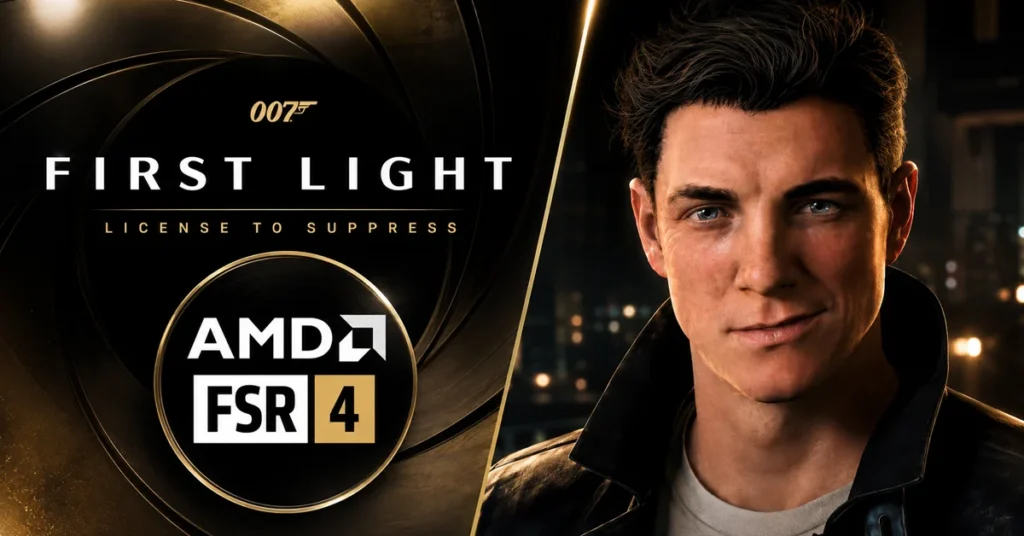 Logotipo de 007 "First Light" junto a un personaje de aspecto realista y detalles de AMD FSR 4, con fondo oscuro y elementos de luz.