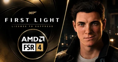 Logotipo de 007 "First Light" junto a un personaje de aspecto realista y detalles de AMD FSR 4, con fondo oscuro y elementos de luz.
