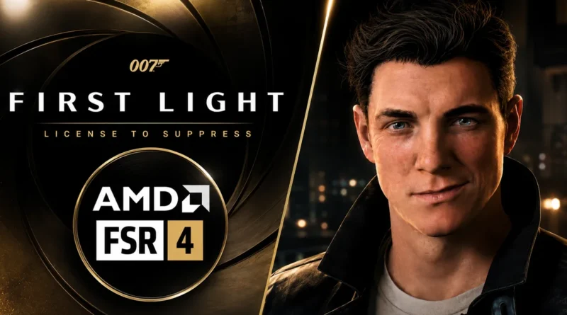 Logotipo de 007 "First Light" junto a un personaje de aspecto realista y detalles de AMD FSR 4, con fondo oscuro y elementos de luz.