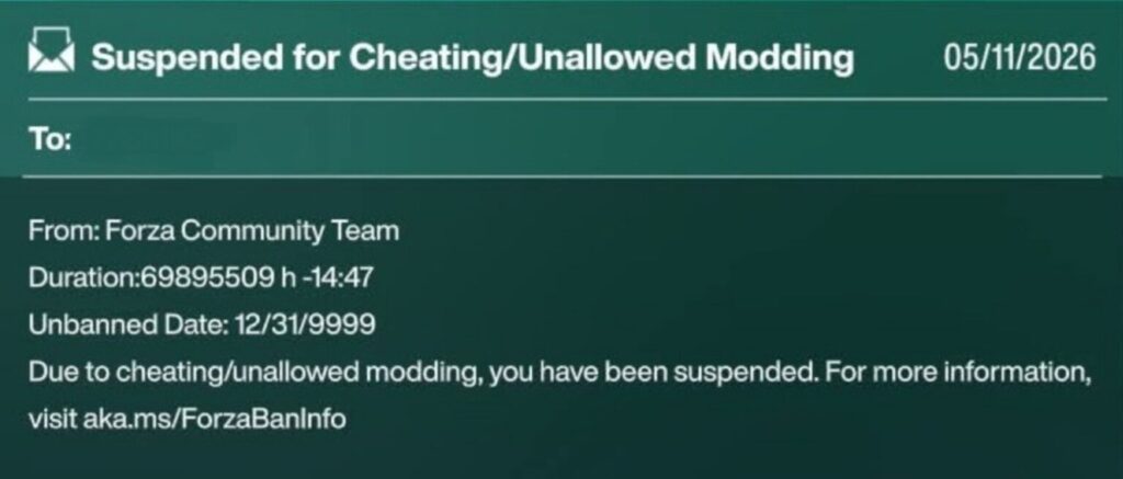 Pantalla de suspensión con fondo verde, texto sobre la suspensión por trampas o modificación no permitida, fecha de finalización en 9999.