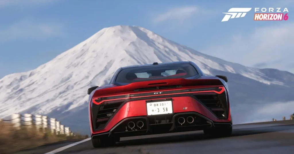 Deportivo rojo en una carretera con montaña nevada al fondo, destacando el logotipo de Forza Horizon 6 en la esquina superior.
