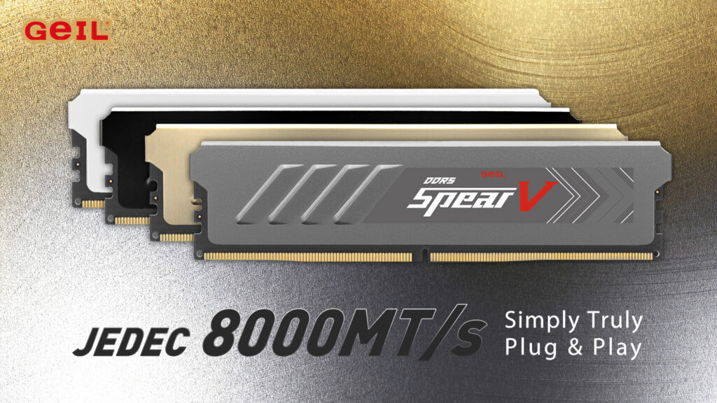 Tres módulos de RAM GeIL Spear V en diferentes colores (plata, negro y dorado), destacando la velocidad de 8000 MT/s.