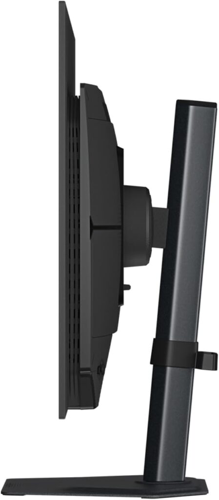 Monitor WOLED de 27 pulgadas visto de lado, con diseño delgado y soporte robusto, color negro mate en su estructura.