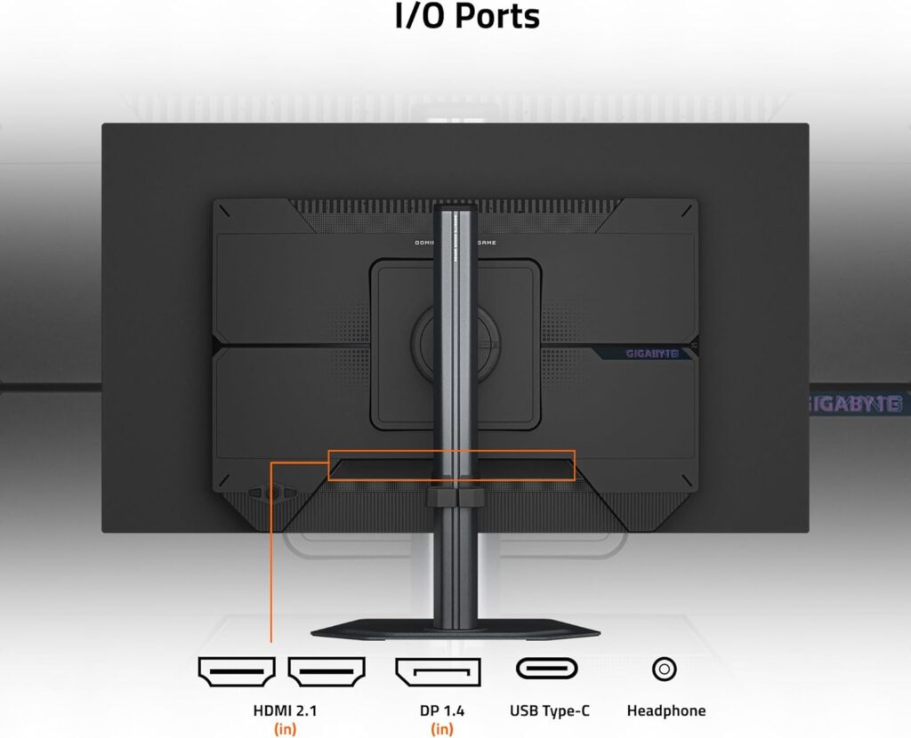 Puertos de entrada/salida en la parte trasera de un monitor GIGABYTE, destacando HDMI 2.1, DP 1.4, USB Type-C y conector de auriculares.