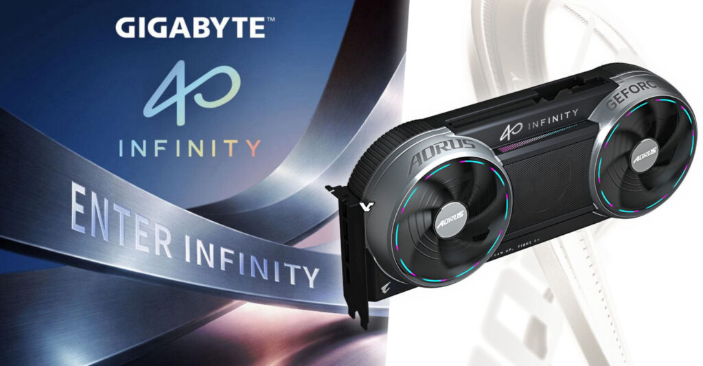 Tarjeta gráfica AORUS de Gigabyte con diseño negro y detalles iluminados, frente al logo "40 INFINITY" y un fondo azul degradado.