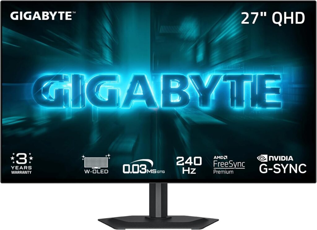 Monitor GIGABYTE de 27 pulgadas con pantalla WOLED, resolución QHD, 240 Hz, en un diseño elegante y moderno.