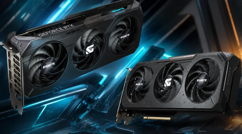 Dos tarjetas gráficas GIGABYTE GeForce RTX, con diseño en negro y detalles plateados, distribuidas sobre un fondo tecnológico en azul y negro.