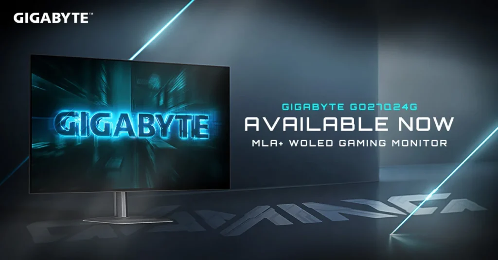 Monitor gaming GIGABYTE GO27Q24G con diseño futurista, fondo oscuro y texto azul brillante destacando la disponibilidad.
