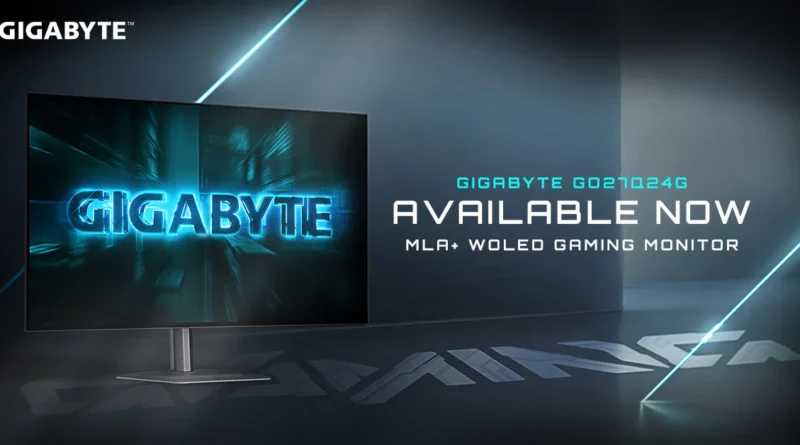 Monitor gaming GIGABYTE GO27Q24G con diseño futurista, fondo oscuro y texto azul brillante destacando la disponibilidad.
