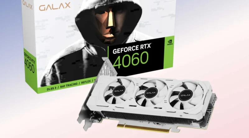 Tarjeta gráfica Galax GeForce RTX 4060 con diseño en blanco y negro, junto a su caja con fondo de colores suaves y un personaje en sombra.