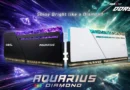Memoria RAM GeIL DDR5-8000 en colores negro y blanco, con iluminación RGB brillante, fondo de cristales coloridos.