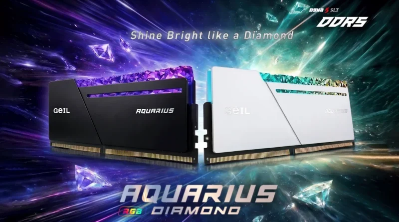 Memoria RAM GeIL DDR5-8000 en colores negro y blanco, con iluminación RGB brillante, fondo de cristales coloridos.