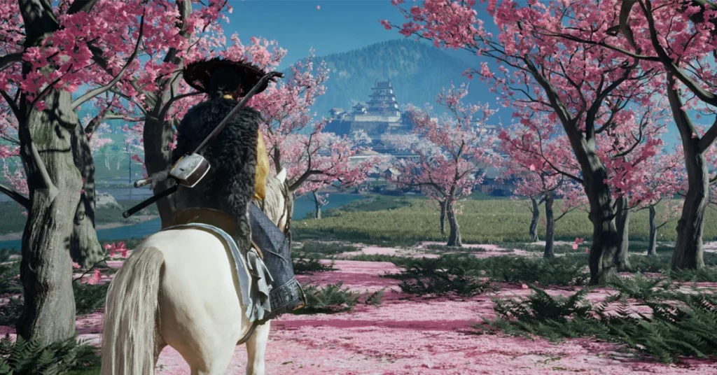 Caballero montando un caballo blanco entre cerezos en flores rosas, con un castillo en el fondo y montañas azules al horizonte.
