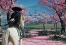 Caballero montando un caballo blanco entre cerezos en flores rosas, con un castillo en el fondo y montañas azules al horizonte.