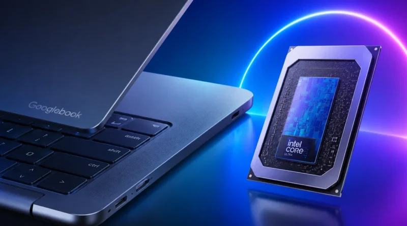 Portátil Googlebook con una tapa gris y teclado oscuro, junto a un procesador Intel Core brillante sobre fondo azul y púrpura.