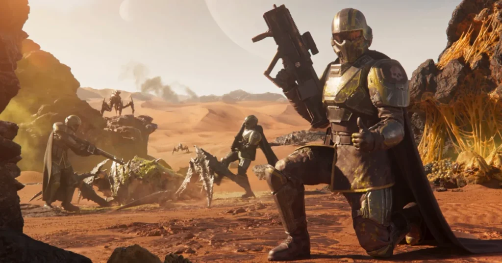 Soldados armados en un desierto alienígena, con criaturas extrañas y un paisaje marciano. Colores cálidos y detalles de combate.