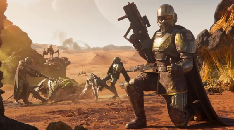 Soldados armados en un desierto alienígena, con criaturas extrañas y un paisaje marciano. Colores cálidos y detalles de combate.