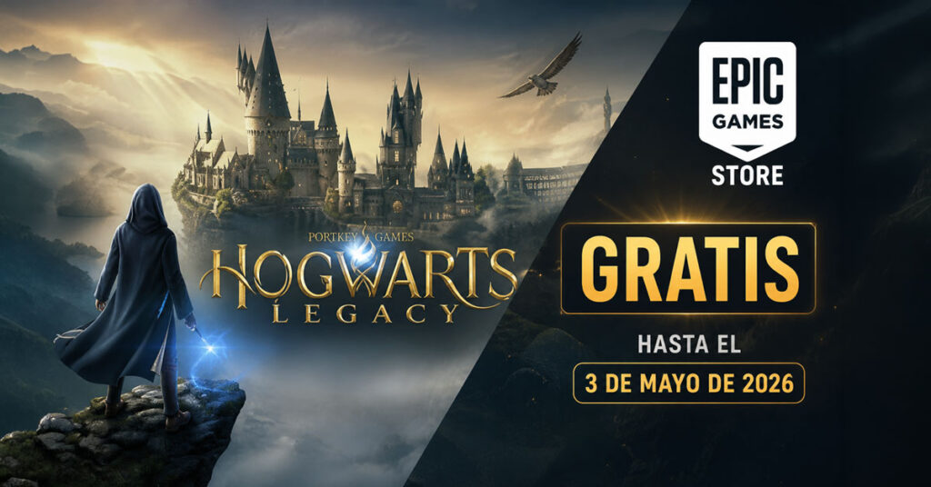 Un mago en una montaña observa el castillo de Hogwarts, rodeado de un paisaje mágico y nubes oscuras. Texto destaca "GRATIS hasta el 3 de mayo de 2026".