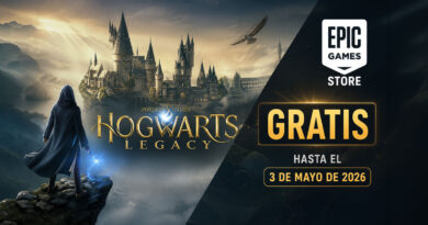 Un mago en una montaña observa el castillo de Hogwarts, rodeado de un paisaje mágico y nubes oscuras. Texto destaca "GRATIS hasta el 3 de mayo de 2026".