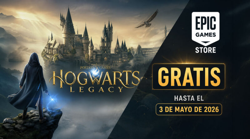 Un mago en una montaña observa el castillo de Hogwarts, rodeado de un paisaje mágico y nubes oscuras. Texto destaca "GRATIS hasta el 3 de mayo de 2026".