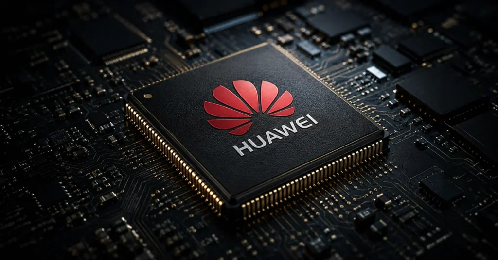 Procesador de Huawei sobre una placa base oscura, con el logotipo rojo de la marca destacado en el centro.