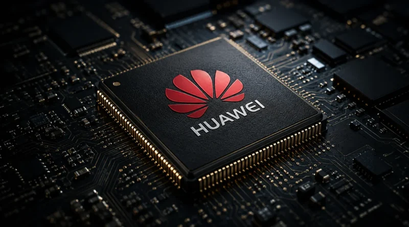 Procesador de Huawei sobre una placa base oscura, con el logotipo rojo de la marca destacado en el centro.