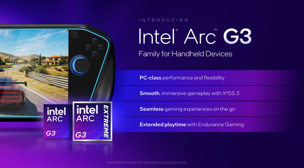 Dispositivo portátil Intel Arc G3 en fondo azul y morado, con texto sobre rendimiento, juegos inmersivos y duración de batería.