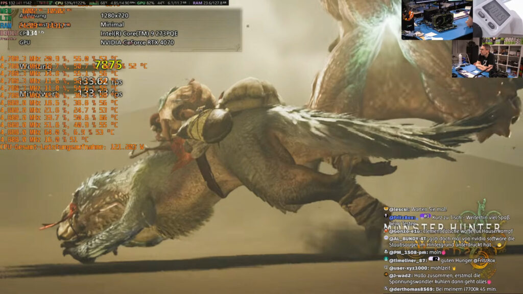 Captura de juego de Monster Hunter, mostrando un personaje montando una criatura voladora con estadísticas de rendimiento en pantalla.
