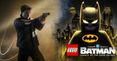 Un hombre con una pistola apunta a la izquierda, mientras que a la derecha aparece una versión de Lego del Batman clásico en un fondo oscuro.