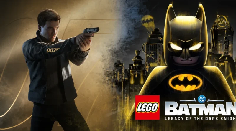 Un hombre con una pistola apunta a la izquierda, mientras que a la derecha aparece una versión de Lego del Batman clásico en un fondo oscuro.