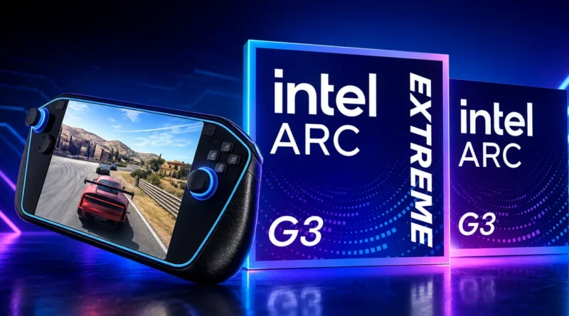 Controlador de videojuego en primer plano mostrando un juego de carreras, con cajas de GPU Intel ARC G3 en colores azul y negro de fondo.