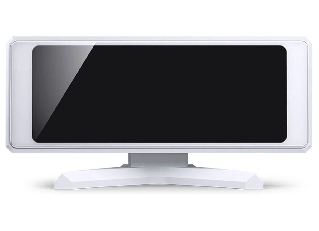 Monitor compacto de color blanco con diseño minimalista, pantalla alargada y soporte en forma de base. Ideal para uso secundario.