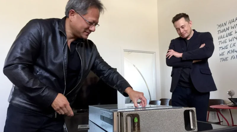 Jensen Huang manipula un servidor DGX-1 de NVIDIA mientras Elon Musk observa, en un ambiente moderno y minimalista.