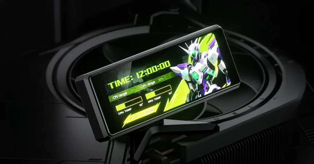 Pantalla compacta vertical con fondo negro, mostrando un diseño futurista, reloj digital y estadísticas de uso CPU en colores verde y morado.