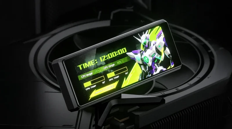 Pantalla compacta vertical con fondo negro, mostrando un diseño futurista, reloj digital y estadísticas de uso CPU en colores verde y morado.
