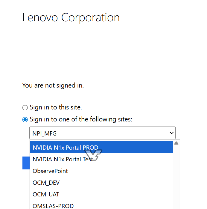 Pantalla de inicio de sesión de Lenovo, con un menú desplegable que incluye opciones de acceso a diferentes plataformas, en fondo blanco.