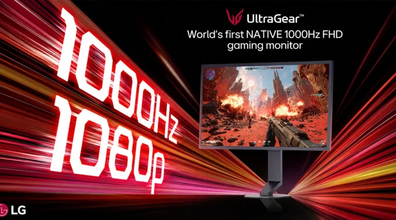 Monitor UltraGear de LG mostrando un juego en un paisaje desértico, con texto destacado de 1000Hz y 1080p en colores vibrantes.