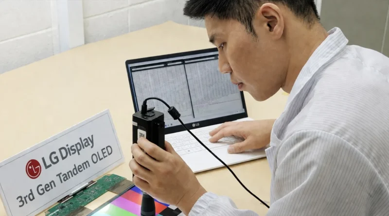 Un técnico examina un panel de LG Display con un dispositivo de medición, mientras que un portátil muestra datos en el fondo.