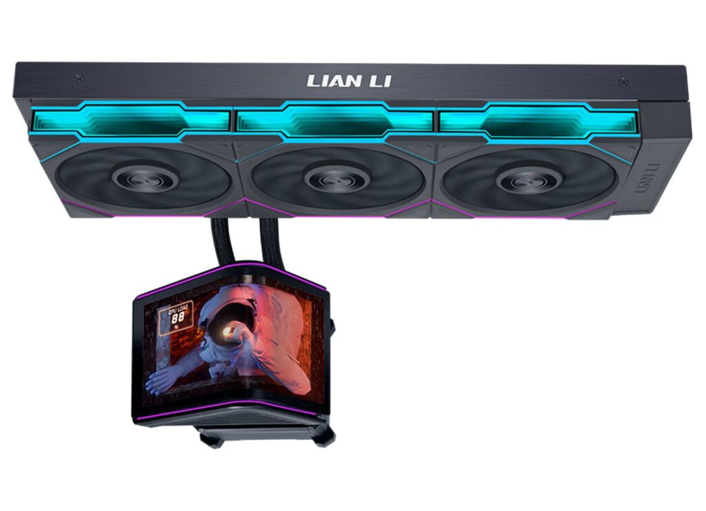 Sistema de refrigeración líquida Lian Li con tres ventiladores negros y luces LED azul y rosa, y un bloque de agua con pantalla digital.