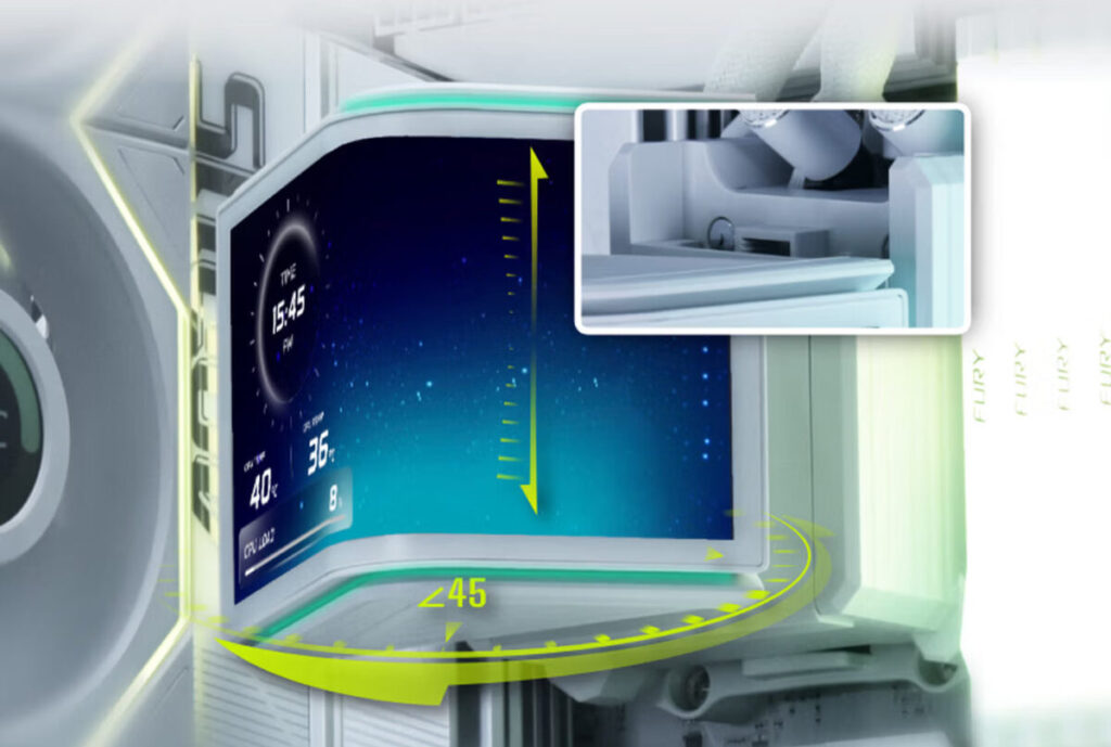 Pantalla curvada con información sobre temperatura y rendimiento, fondo azul estrellado, con detalles brillantes en verde y blanco.