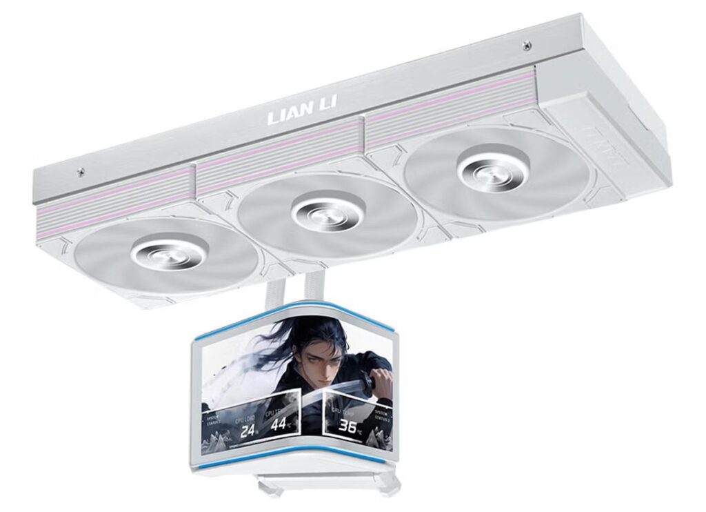 Ventiladores de computadora Lian Li en color blanco con iluminación, montados encima de un monitor que muestra estadísticas de rendimiento.