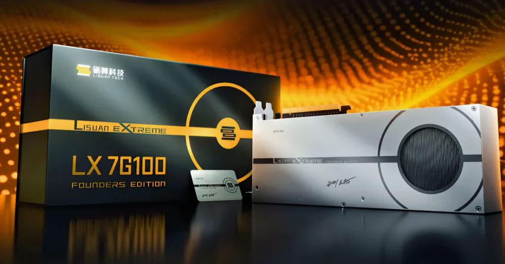 Tarjeta gráfica Lisuan LX 7G100 con diseño metálico plateado, presentada junto a una caja negra con detalles dorados y logotipo.