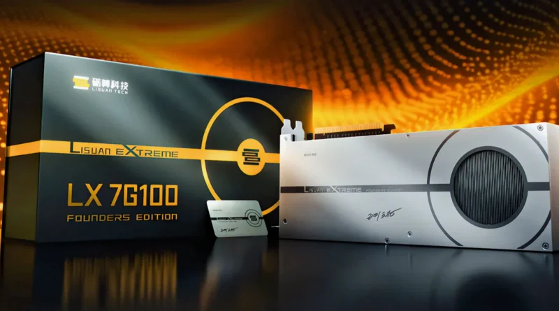 Tarjeta gráfica Lisuan LX 7G100 con diseño metálico plateado, presentada junto a una caja negra con detalles dorados y logotipo.