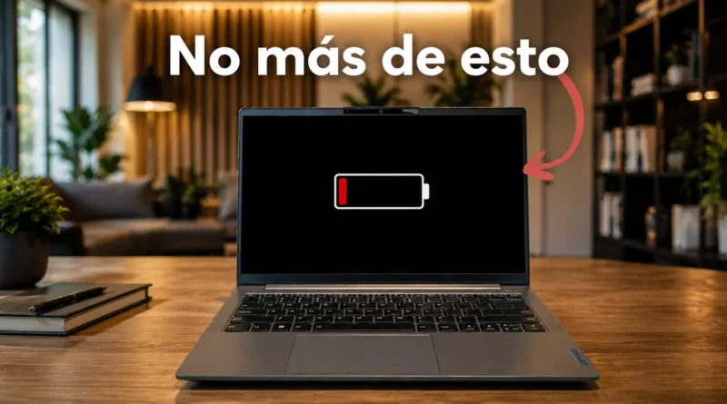 Portátil en un escritorio con un fondo moderno. Pantalla negra muestra un ícono de batería baja y texto "No más de esto".