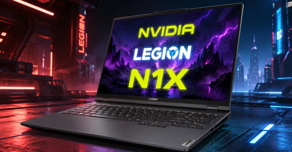 Laptop Lenovo Legion mostrando el logo de NVIDIA y el texto N1X, con un fondo futurista en tonos morados y oscuros.
