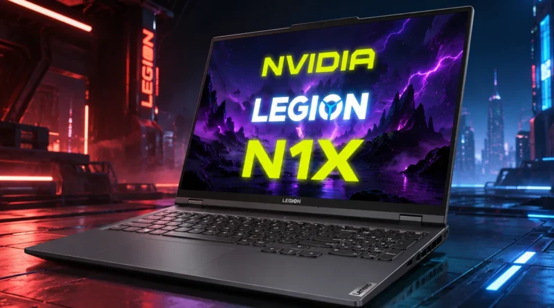 Laptop Lenovo Legion mostrando el logo de NVIDIA y el texto N1X, con un fondo futurista en tonos morados y oscuros.