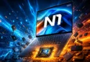 Laptop Lenovo Yoga Pro 7 con el logo "N1" en la pantalla, rodeada de explosiones de colores azul y naranja y teclas flotantes.